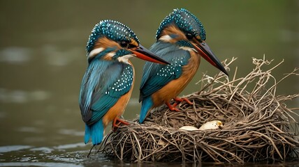 A captivating wildlife scene of a kingfisher feeding its chick at a nest hole along the riverbank, capturing intimate bird behavior in the wild.
