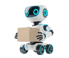Modern robotic courier with a package on wheels, isolated on transparent cutout background