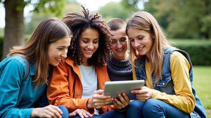 Fototapeta premium Young people in a park or garden, looking at a tablet.