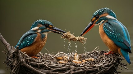 A captivating wildlife scene of a kingfisher feeding its chick at a nest hole along the riverbank, capturing intimate bird behavior in the wild.
