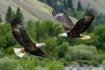 Obraz premium Two majestic eagles soaring above a lush landscape