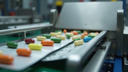 Long table covered in colorful pills and capsules.
