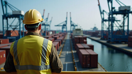 Man wearing a hard hat and uniform, standing in front of a large container ship.