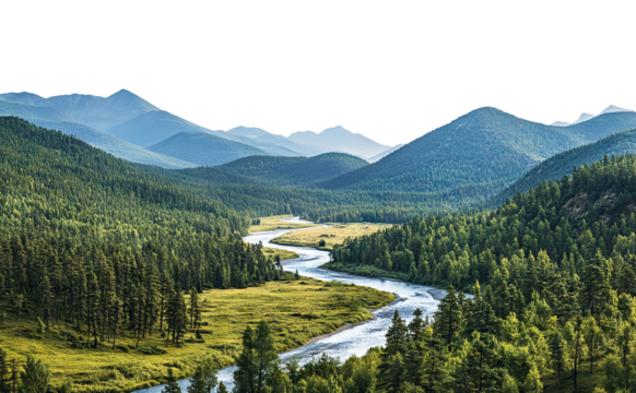 Peaceful mountain landscape with a river flowing through a dense forest, isolated on transparent cutout background