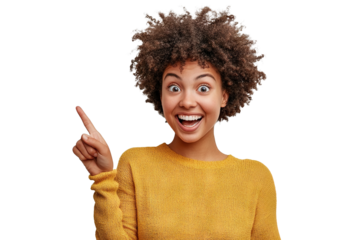 Surprised African American woman pointing up with finger, isolated on transparent cutout background