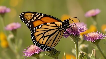 Fototapeta premium Close-up of a Monarch butterfly on a wildflower in a sunlit meadow, showcasing vivid wing details.