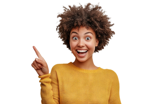 Surprised African American woman pointing up with finger, isolated on transparent cutout background