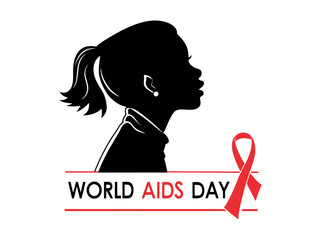 Silhouette of child raising awareness ribbon for World AIDS Day. silhouette of a child reaching for a red awareness ribbon, set against a stylized world map backdrop. global, prevention, awareness cam