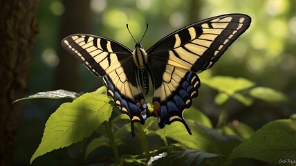 Fototapeta premium Graceful Eastern Swallowtail basking in serene forest light.