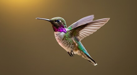 Fototapeta premium A vibrant hummingbird hovers in mid-air, its wings outstretched, showcasing its iridescent plumage.