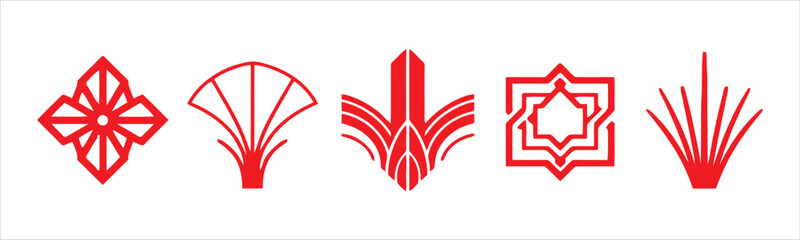 Set of Red Art Deco Floral and Plant-Inspired Design Elements