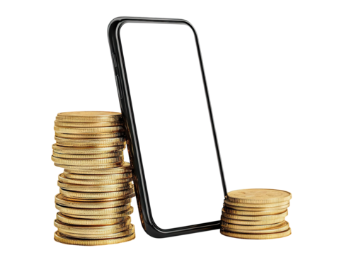 Smartphone with gold coins stacked behind, isolated on transparent cutout background