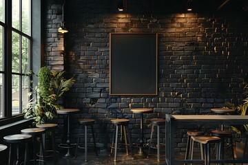 Bar interior with stools, tables and large vertical poster on dark brick wall. Concept of pub culture. 3d rendering. Mock up. Toned image