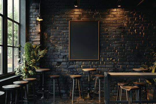 Bar interior with stools, tables and large vertical poster on dark brick wall. Concept of pub culture. 3d rendering. Mock up. Toned image