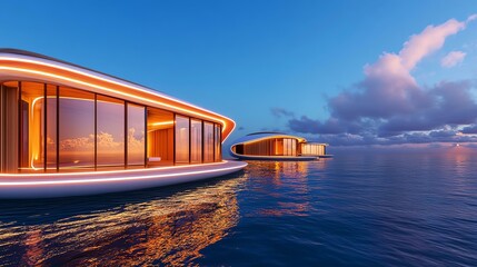 Stunning modern floating villas illuminated by soft lights against a serene twilight backdrop, reflecting beautifully on calm waters.