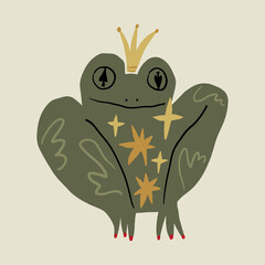 Funky flat fairytale hand-drawn cartoon sketchy frog or toad princess, doodle childish kids art stylized concept, magical animal mascot logo and label. Stylish girl queen character print for posters