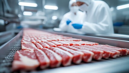 Meat processing action food industry product handling clean environment close-up view quality control insights