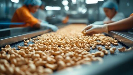 Cashew processing event factory food production industrial environment close-up view nut harvesting for quality assurance