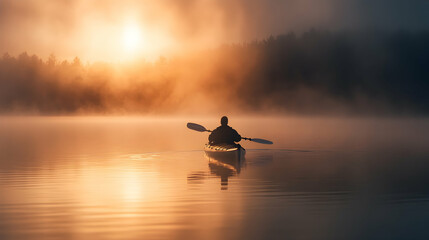 A person paddles a canoe across a misty lake at sunrise.