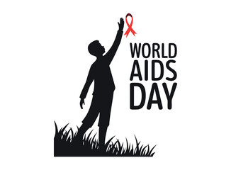 Silhouette of child with red ribbon for AIDS Awareness Day. against a backdrop of grass and the World AIDS Day logo.  HIV, awareness, child, silhouette, vulnerable, hope, support, reaching,  graphic d