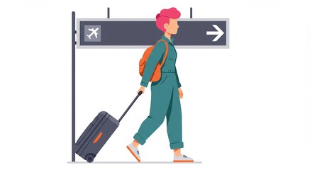 Woman Traveling with Luggage at Airport Following Sign
