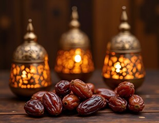Obraz premium Ajwa dates are neatly arranged in front, against a background of Islamic lamp holders that are delicately artistic in every element full of meaning and beauty
