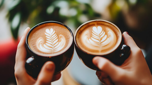 pair of friends chatting over coffee served in eco-friendly cups, seated on upcycled wooden chairs 