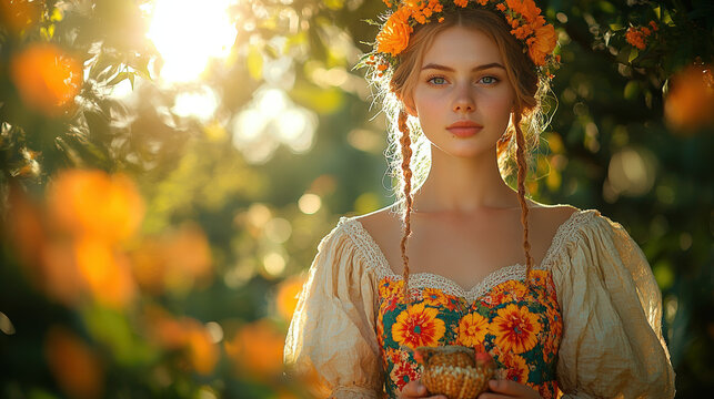 Young woman in floral dress, outdoors