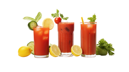 Bloody Mary, Pimms Cup, and Caesar Cocktail on White Background

