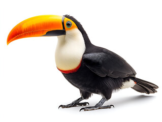 Naklejka premium A colorful toucan, a tropical bird with a distinctive yellow and black beak, is isolated on a white background