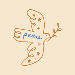 Hippie bohemian dove bird groovy postmodern funky font boho peace and love symbol. Perfect for posters, t shirts, collages, clothing, music albums and more. Vector clip-art illustration, isolated