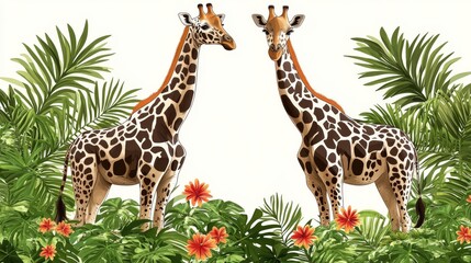 Fototapeta premium Two majestic giraffes in a lush tropical setting evoking feelings of wonder and wildlife appreciation and the beauty of the savanna environment and flora