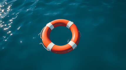 A red and white life preserver floats on a calm blue sea, the sun shimmering on the water.