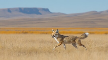 Obraz premium Solitarycoyoteinmotionacrossadrygrasslandwithdistantmesaagainstablueskyevokingawildwestscenarioandnatureadaptability resilience survival