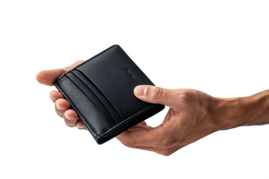 empty black wallet-in male hands isolated on white background PNG