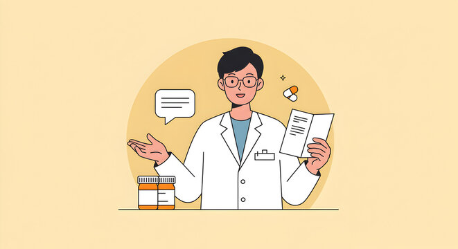 Illustration of a friendly doctor explaining medication usage with a warm demeanor