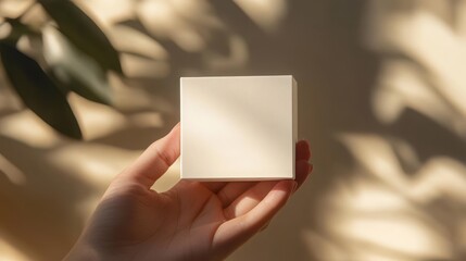 Obraz premium Artistic macro view of a plain cosmetic box in smooth matte ivory, held delicately by fingers, softly blurred neutral background and soft shadows for a clean minimal vibe.