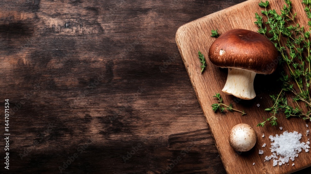 Poster A royal champignon mushroom sits elegantly on a rustic cutting board, surrounded by fresh thyme and coarse salt, offering an inviting display with ample space for text