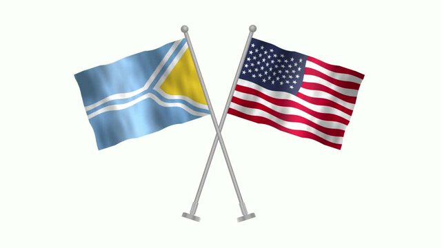 Flag of Tuva and USA, Cross table flag of Tuva and USA on white screen, Tuva and USA 3D Animation flag waving in the wind isolated on white Background. 
