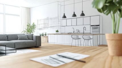 Modern kitchen design concept in a spacious living area with minimalistic furniture and stylish decor