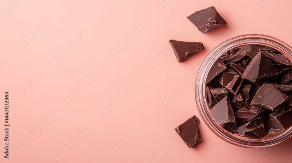 Poster a glass jar holds an assortment of dark chocolate pieces, placed against a pale lavender surface. so