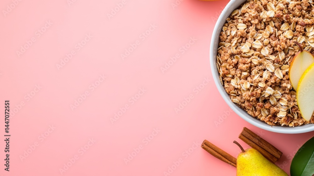 Poster a close-up view showcases a pear and oat crumble on a white ceramic plate, beautifully garnished wit