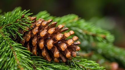 Closeup of unopened pine cone on evergreen branches