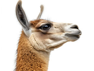 Obraz premium A cute, isolated, white alpaca portrait shows its soft fur, a close-up of this South American camelid mammal