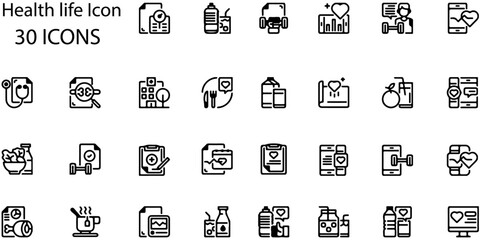 Vector Health Life Icons Set. 30 Minimalist Wellness Symbols for Lifestyle Designs.