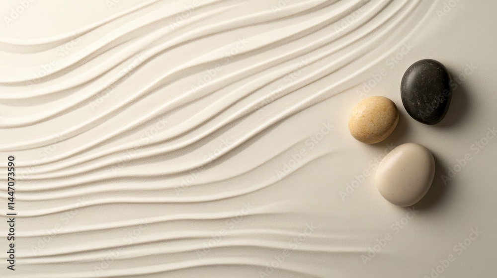Poster serene sand patterns provide a calming backdrop for two dark stones placed in perfect symmetry, high