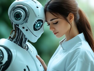 Woman gently touches robot's head