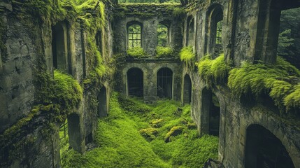 Fototapeta premium Ancient green ruins of a historical building, completely covered in lush moss and grass, evoke a sense of timelessness and nature reclaiming man-made structures.