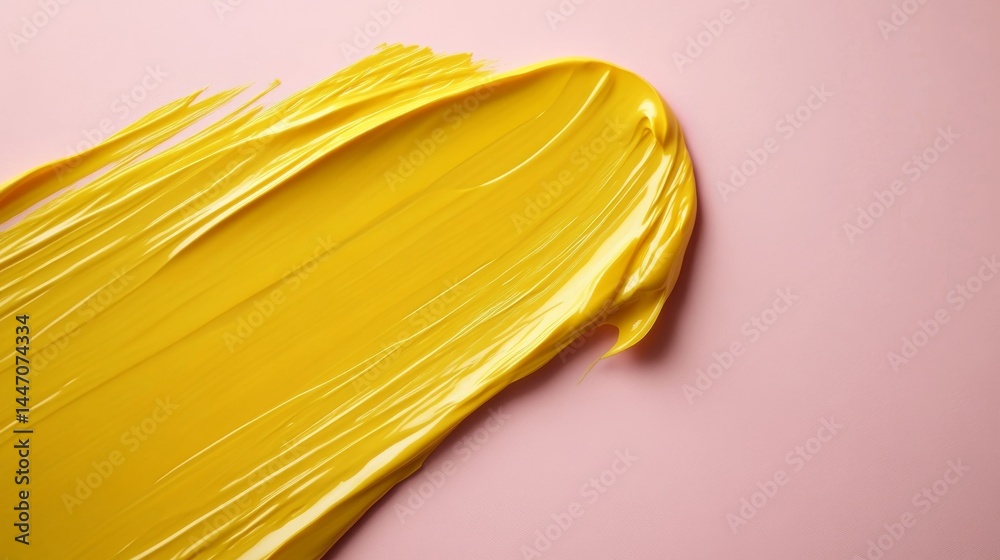 Aufkleber bold yellow paint creates an uneven stroke over a soft pink background, showcasing vibrant texture a