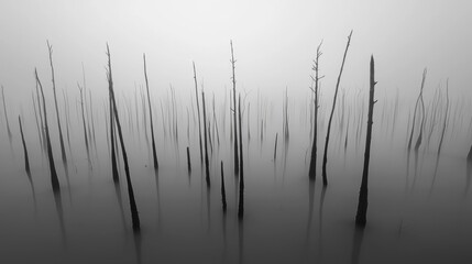Obraz premium Fog envelops a desolate forest with bare tree trunks rising from calm waters at dawn